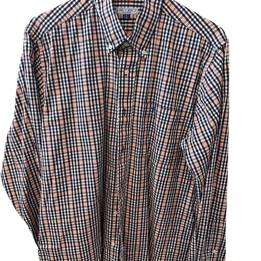 Heybo Outdoors Mens Medium Navy Orange Gingham Plaid Button‎ Down Shirt LS